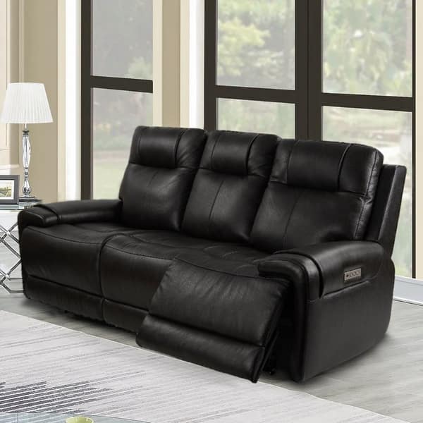 93" W Top Grain Leather Power Reclining Sofa with Power Headrest, Side Pocket, USB Port Bed